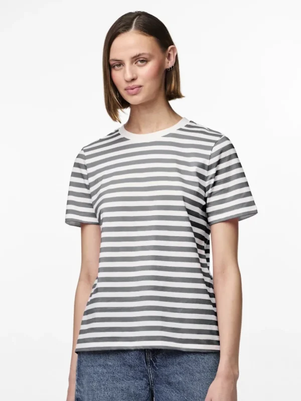 Pieces PCRia SS Tee Stripes Ultimate Grey- T-shirts & Tops