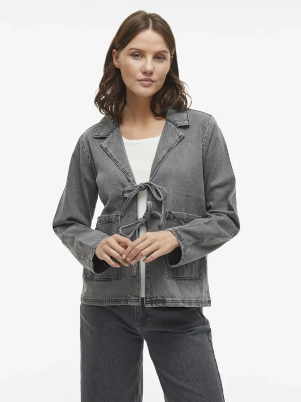 Vila VIKiki L/S Tie Denim Jacket Dark Grey Denim- Mäntel & Jacken